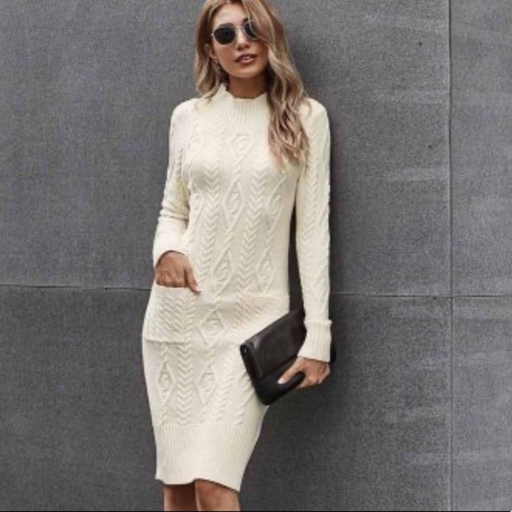 Beige High Neck Textured Bodycon Sweater Dress - Picture 9 of 14
